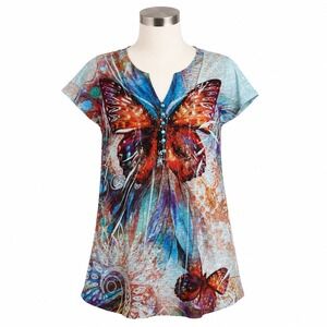 Unity Shirt Womens Small Petite Blue Butterfly Sublimation Blouse Ruched Y2K